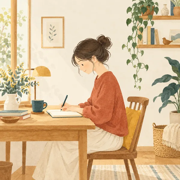 机に向かってノートを書く運営者のイラスト